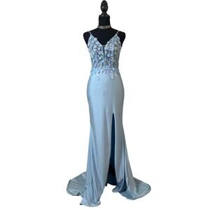 y2k baby blue floral prom dress side slit train fairytale coquette formal gown